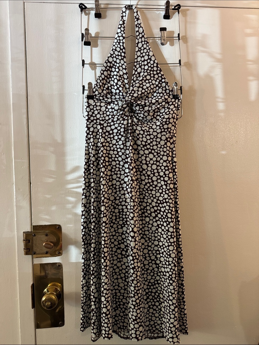 2000s Y2K Maggie London Halter Polka Dot Maxi Dress in Brown & White Size 4